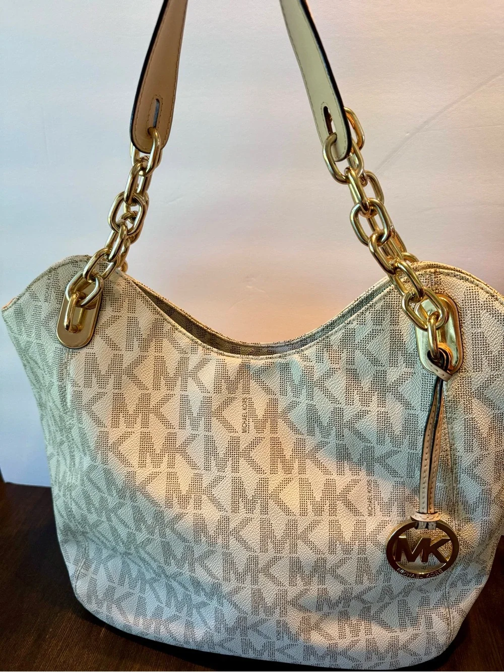 Michael Kors Beige MK Logo Tote with Gold Hardware